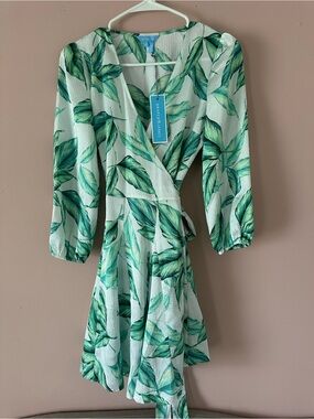 Draper James NWT Jordan Green White Leaf Print Long Sleeve Wrap Dress